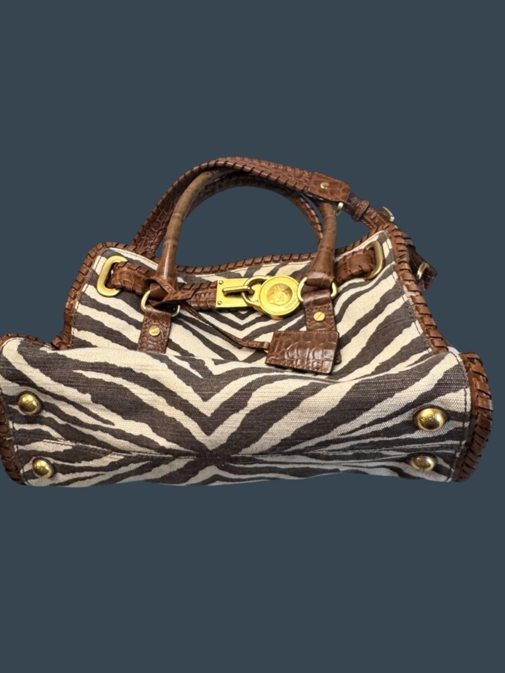 Michael Kors Hamilton Whipped Zebra Canvas Satchel Brown Leather Shoulder Bag - Picture 5 of 13